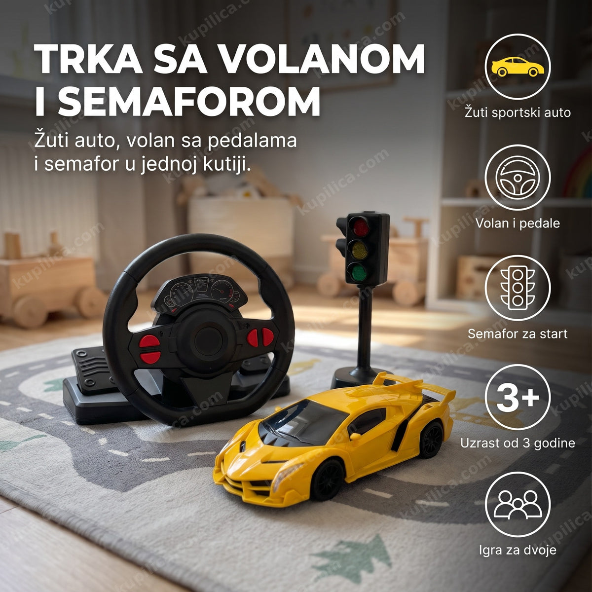 set za trku sa volanom pedalama i semaforom na tepihu u dečjoj sobi