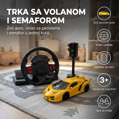 set za trku sa volanom pedalama i semaforom na tepihu u dečjoj sobi