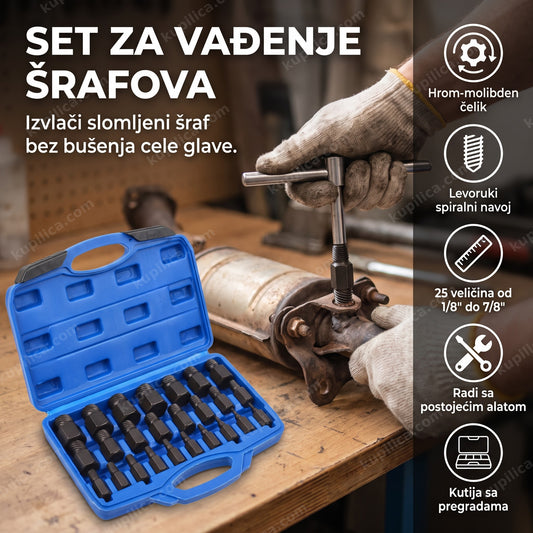 Set za vađenje šrafova u radionici, mehaničar okreće T-ključ sa ekstraktorom na zarđalom šrafu - benefiti proizvoda