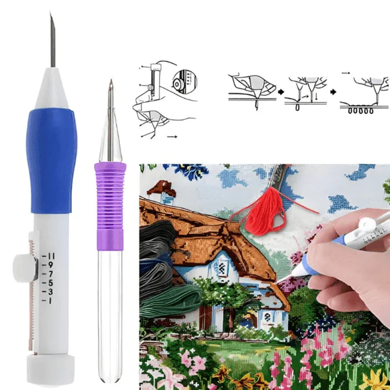 set za vezenje — punch needle olovka i dijagram tehnike sa gotovim detaljem