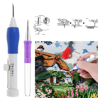 set za vezenje — punch needle olovka i dijagram tehnike sa gotovim detaljem