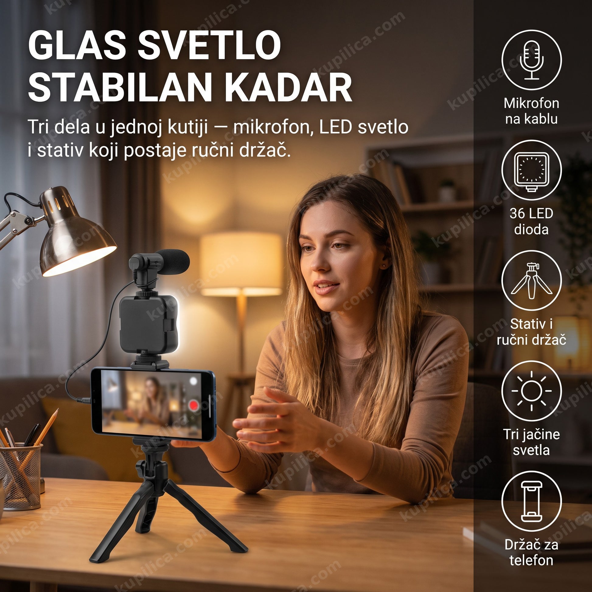 set za vlogovanje 3 u 1 — žena snima telefonom na stativu sa LED svetlom i mikrofonom, 36 LED dioda