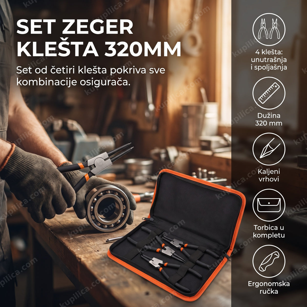 Set zeger klešta 320mm u radionici pored ležaja točka, otvorena torbica sa sva četiri komada - benefiti proizvoda