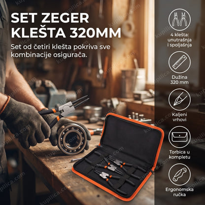 Set zeger klešta 320mm u radionici pored ležaja točka, otvorena torbica sa sva četiri komada - benefiti proizvoda
