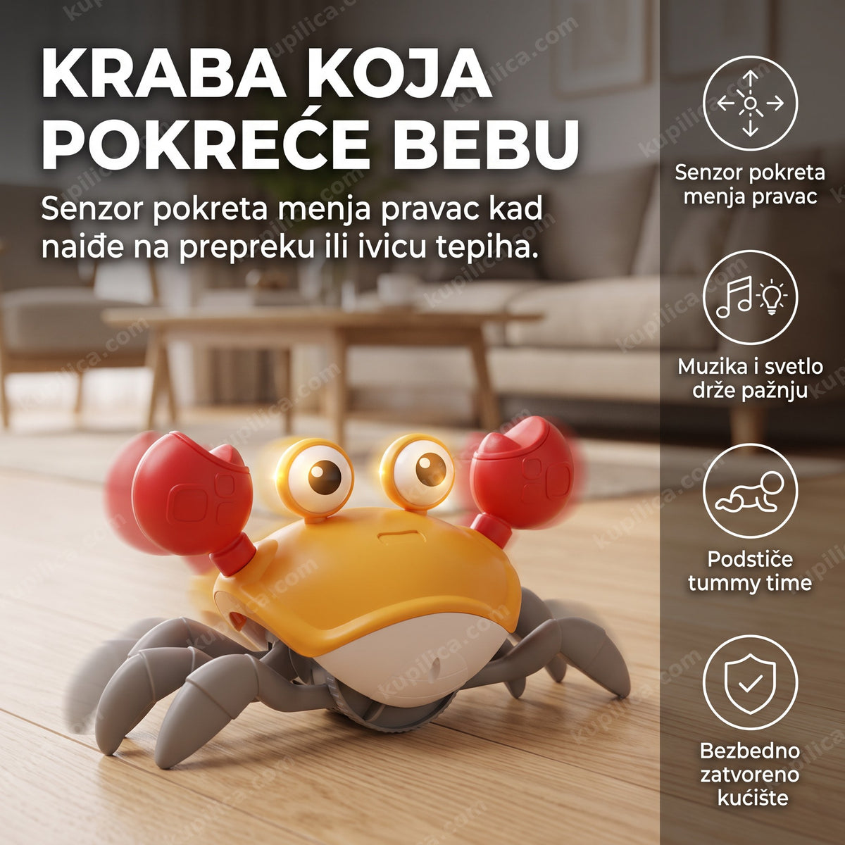 šetajuća kraba igračka sa svetlećim efektima na podu dnevne sobe, benefiti proizvoda