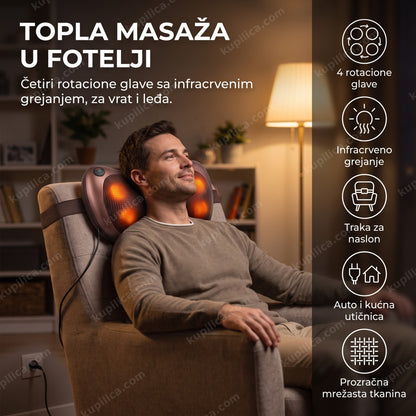 shiatsu masažer jastuk sa grejanjem — muškarac sedi u fotelji sa jastukom pričvršćenim za naslon, 4 rotacione glave