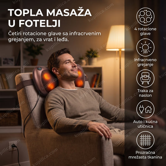 shiatsu masažer jastuk sa grejanjem — muškarac sedi u fotelji sa jastukom pričvršćenim za naslon, 4 rotacione glave