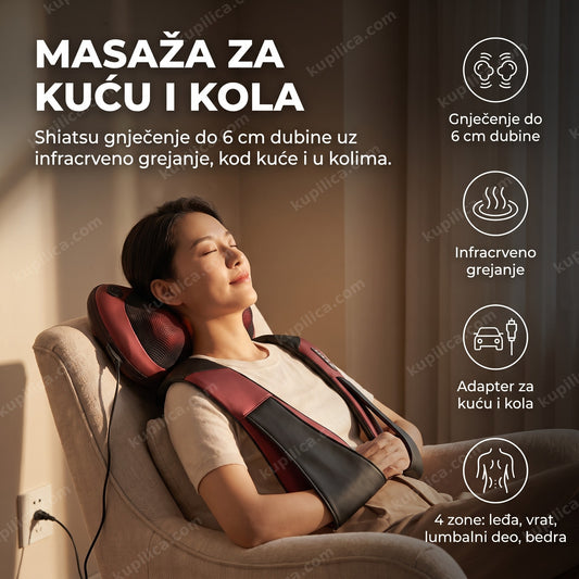 shiatsu masažer za vrat i leđa — odrasla osoba se opušta u fotelji sa masažerom oko vrata, benefiti proizvoda
