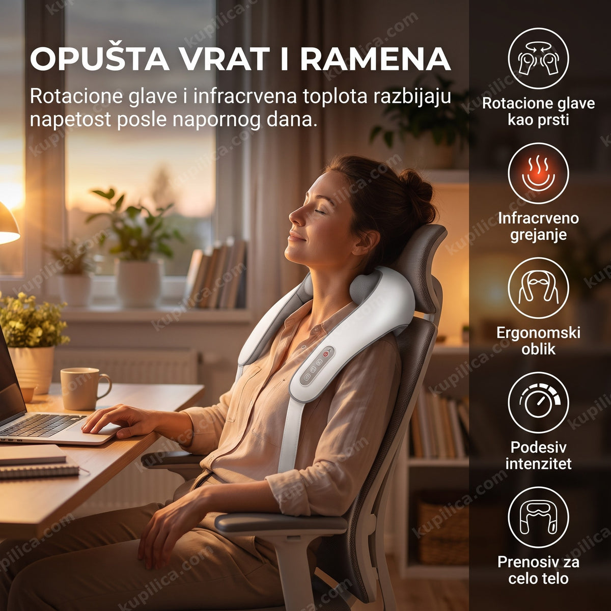 shiatsu masažer za vrat i ramena sa infracrvenim grejanjem, osoba se opušta za radnim stolom – benefiti proizvoda