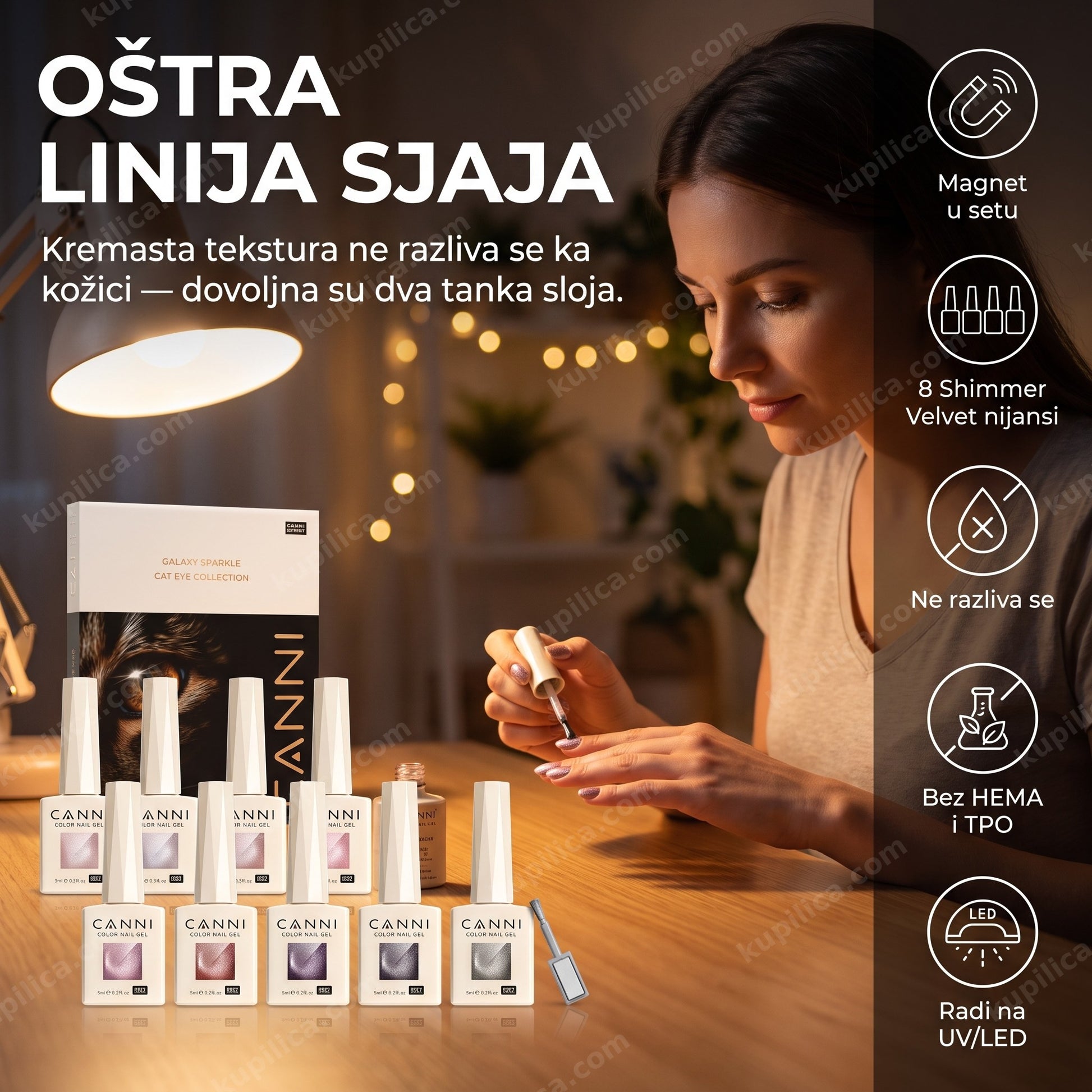 shimmer velvet cat eye gel lak — žena radi manikir uveče pre izlaska, benefiti proizvoda