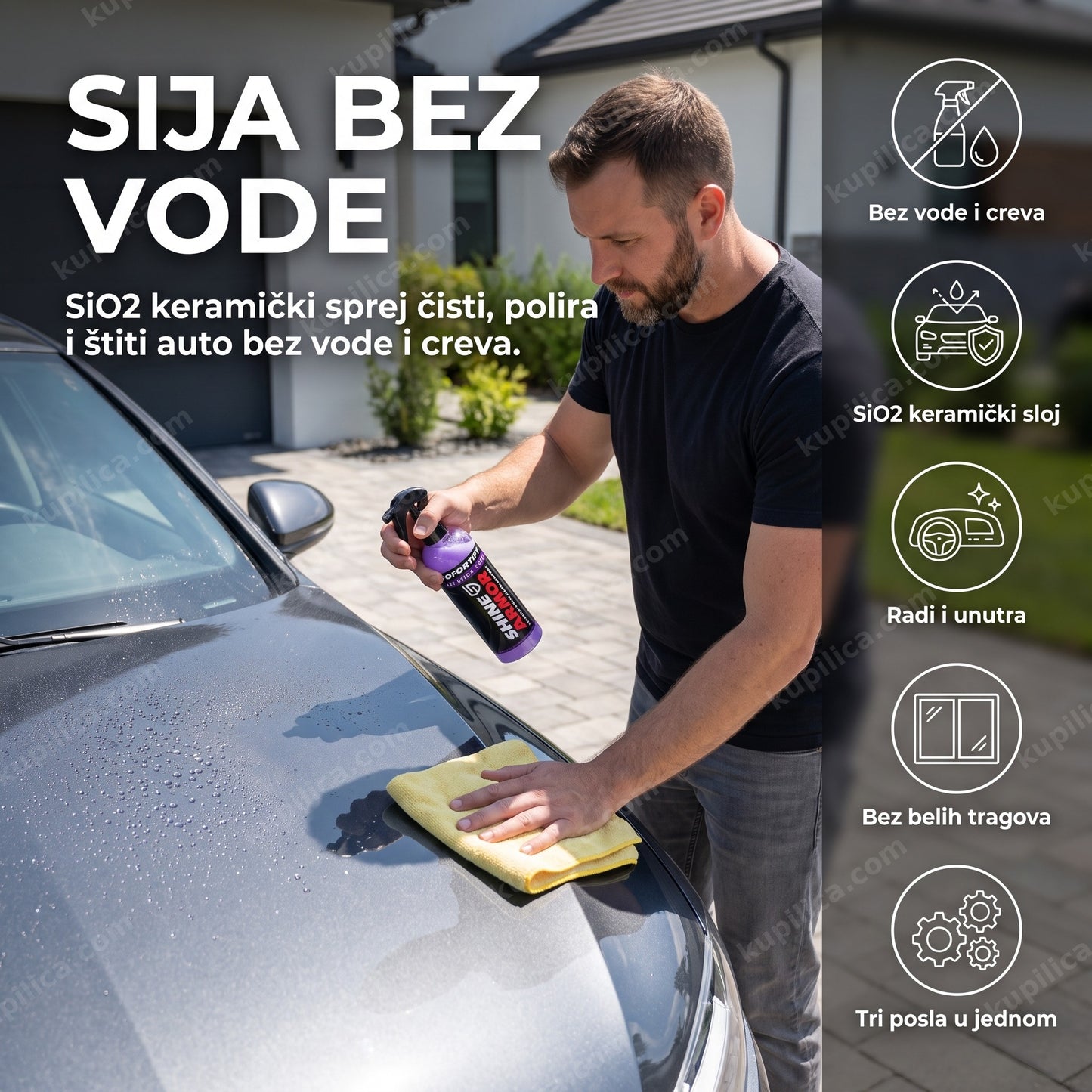 shine armor sprej za poliranje auta — muškarac prska i briše haubu mikrofiber krpom, SiO2 keramička zaštita