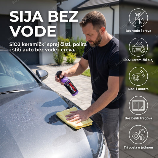 shine armor sprej za poliranje auta — muškarac prska i briše haubu mikrofiber krpom, SiO2 keramička zaštita