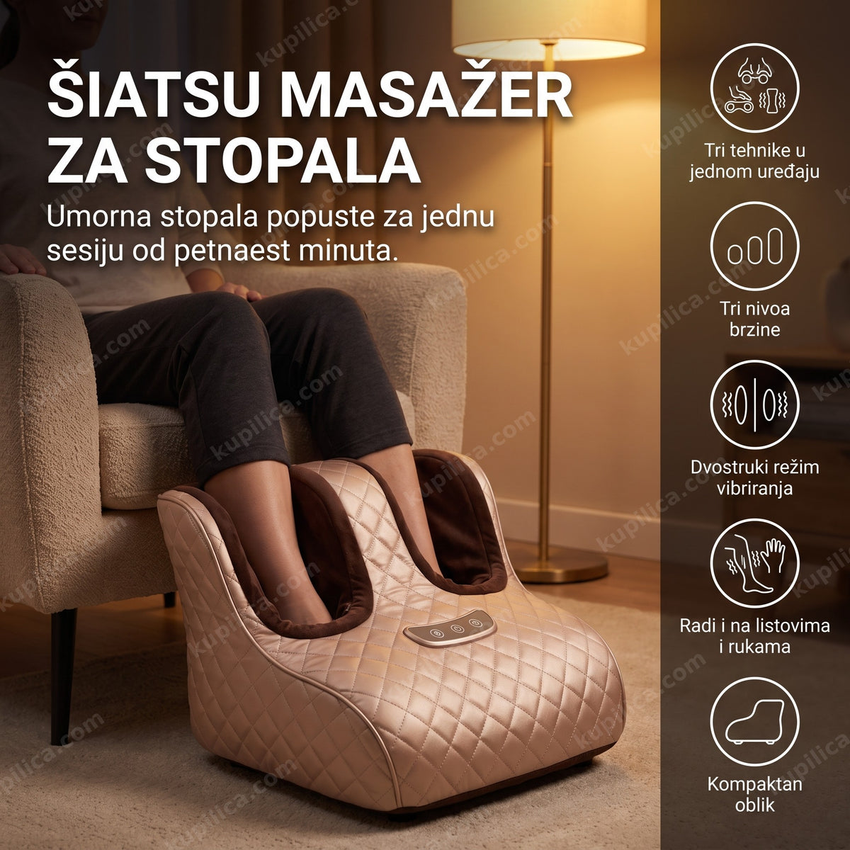 osoba sedi u fotelji sa stopalima u šiatsu masažeru za stopala, benefiti proizvoda
