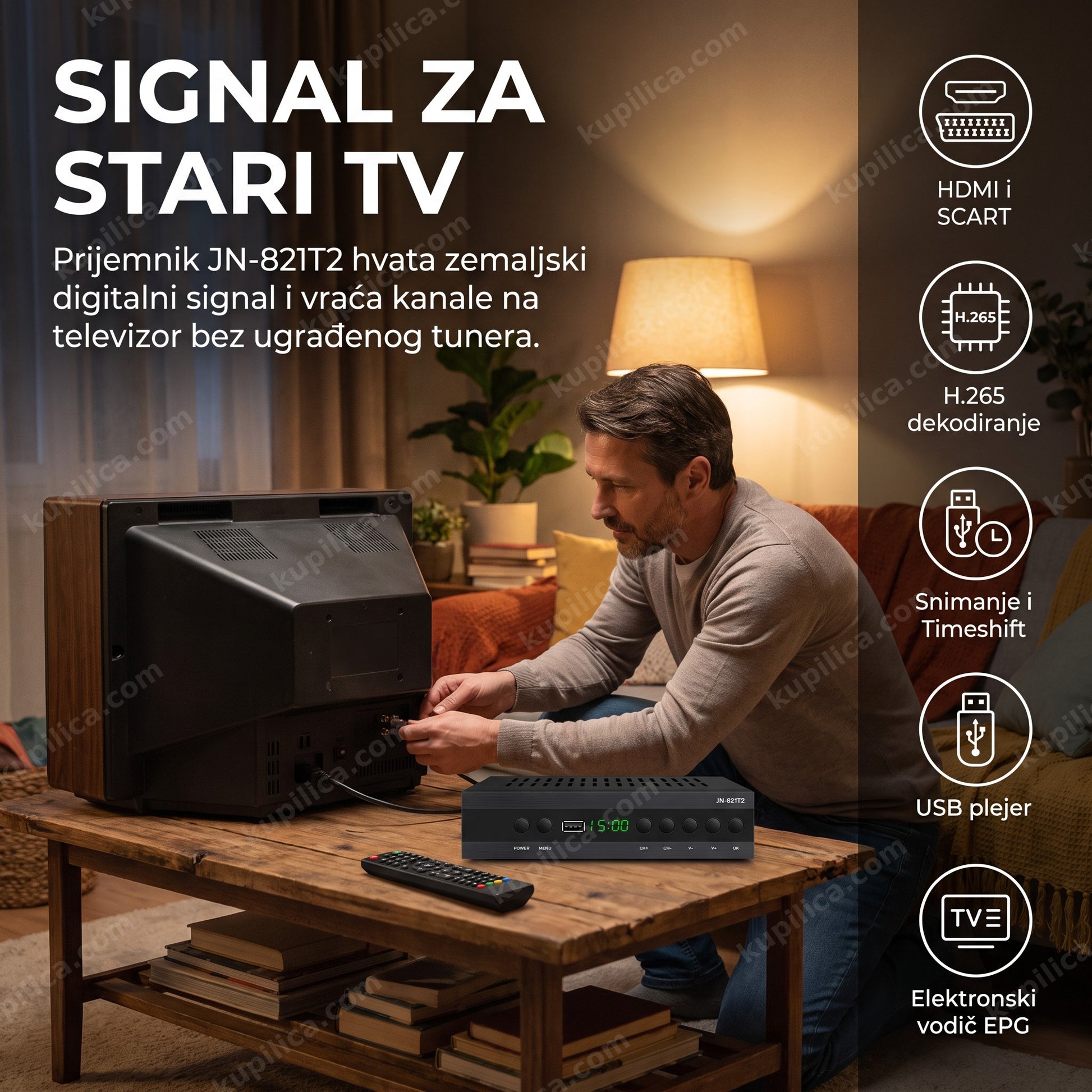 signal za stari tv — povezivanje DVB-T2 prijemnika JN-821T2 na stariji televizor u dnevnoj sobi, benefiti proizvoda