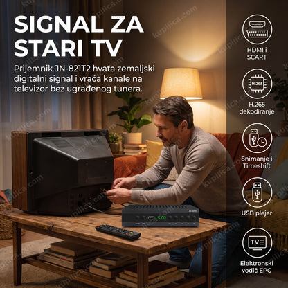 signal za stari tv — povezivanje DVB-T2 prijemnika JN-821T2 na stariji televizor u dnevnoj sobi, benefiti proizvoda