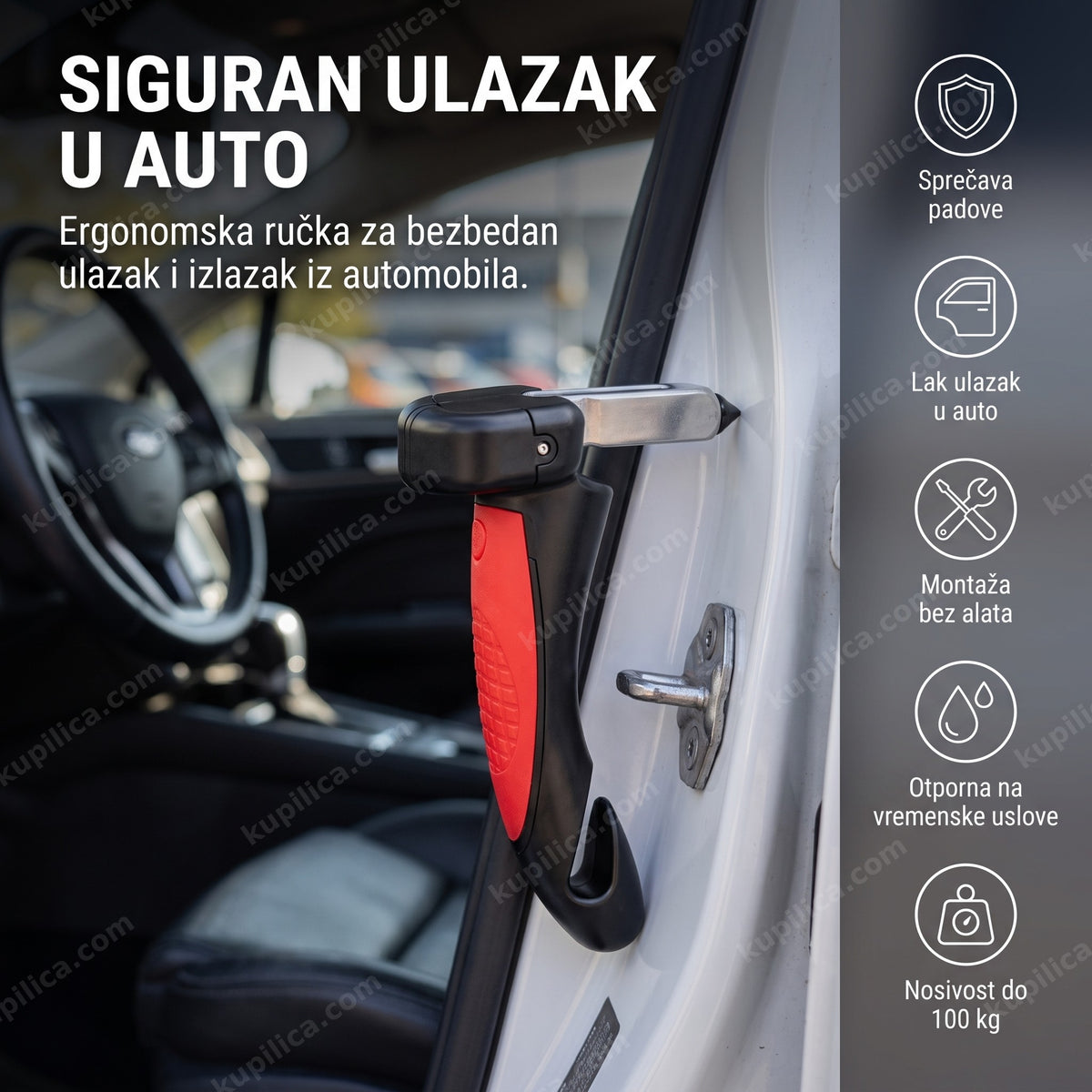 sigurnosna ručka za automobil — ručka postavljena u metalni prihvatnik brave na vratima