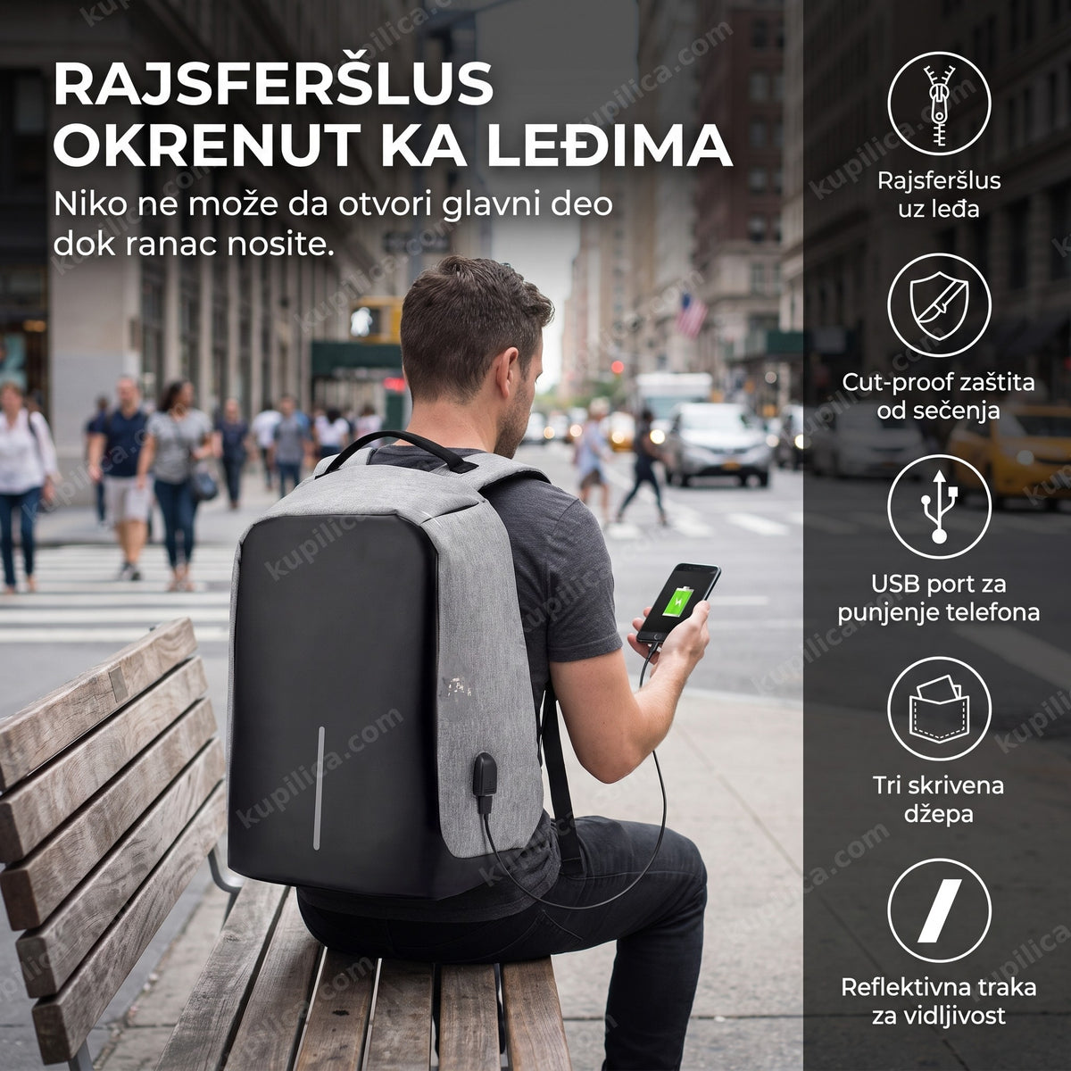 crno-sivi sigurnosni gradski ranac na leđima na ulici sa telefonom na punjenju, benefiti proizvoda