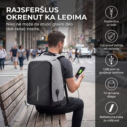 crno-sivi sigurnosni gradski ranac na leđima na ulici sa telefonom na punjenju, benefiti proizvoda