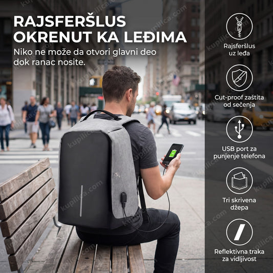crno-sivi sigurnosni gradski ranac na leđima na ulici sa telefonom na punjenju, benefiti proizvoda