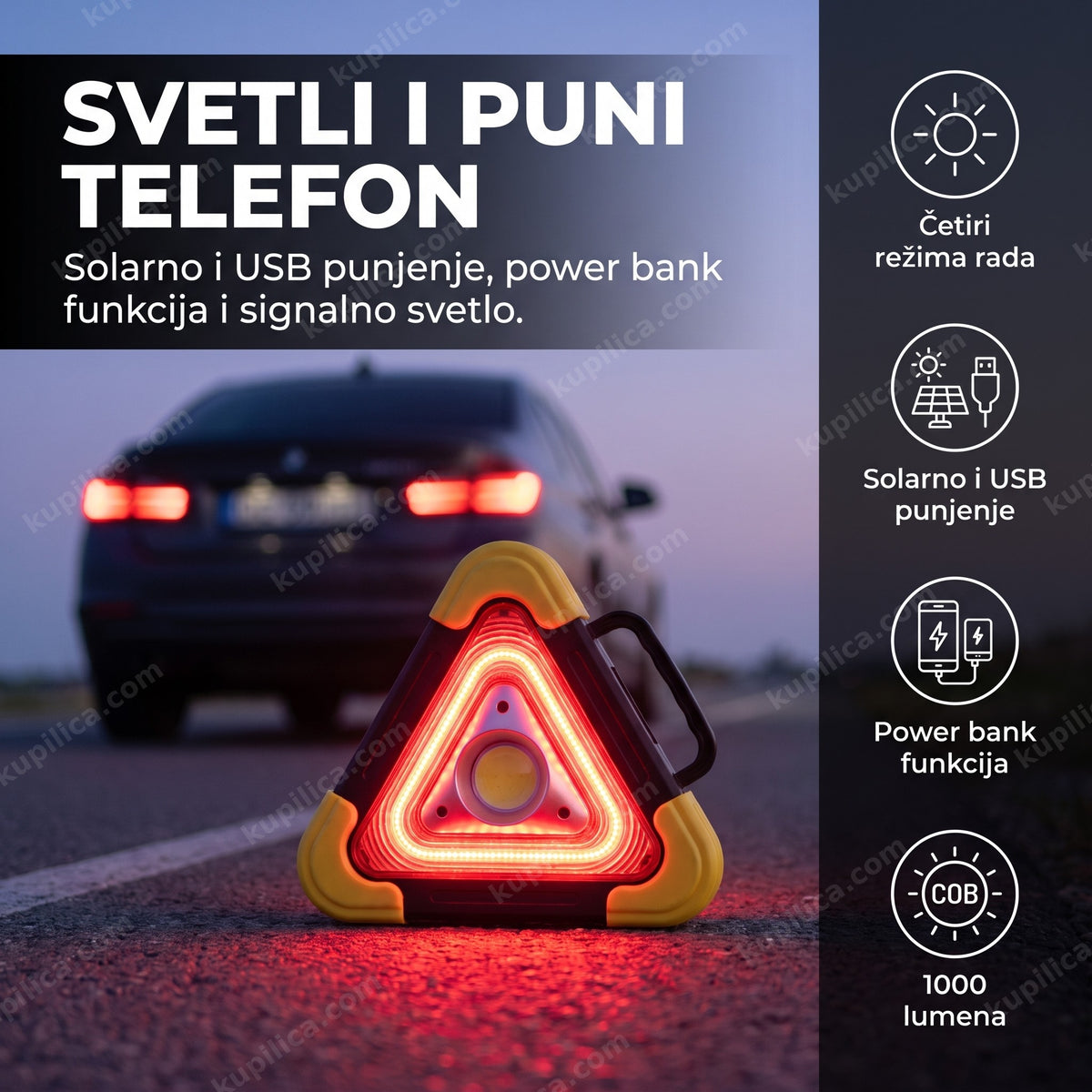 crveno osvetljen sigurnosni led trougao pored puta u sumrak, benefiti proizvoda