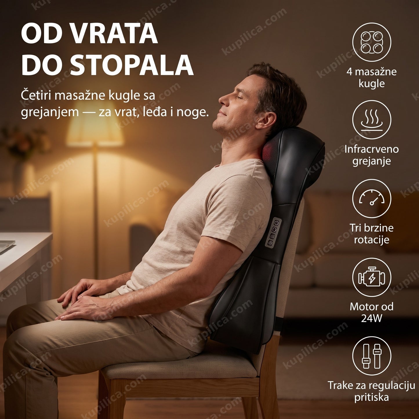 šijacu masažer za celo telo black edition — muškarac sedi naslonjen na masažer na naslonu stolice, 4 masažne kugle