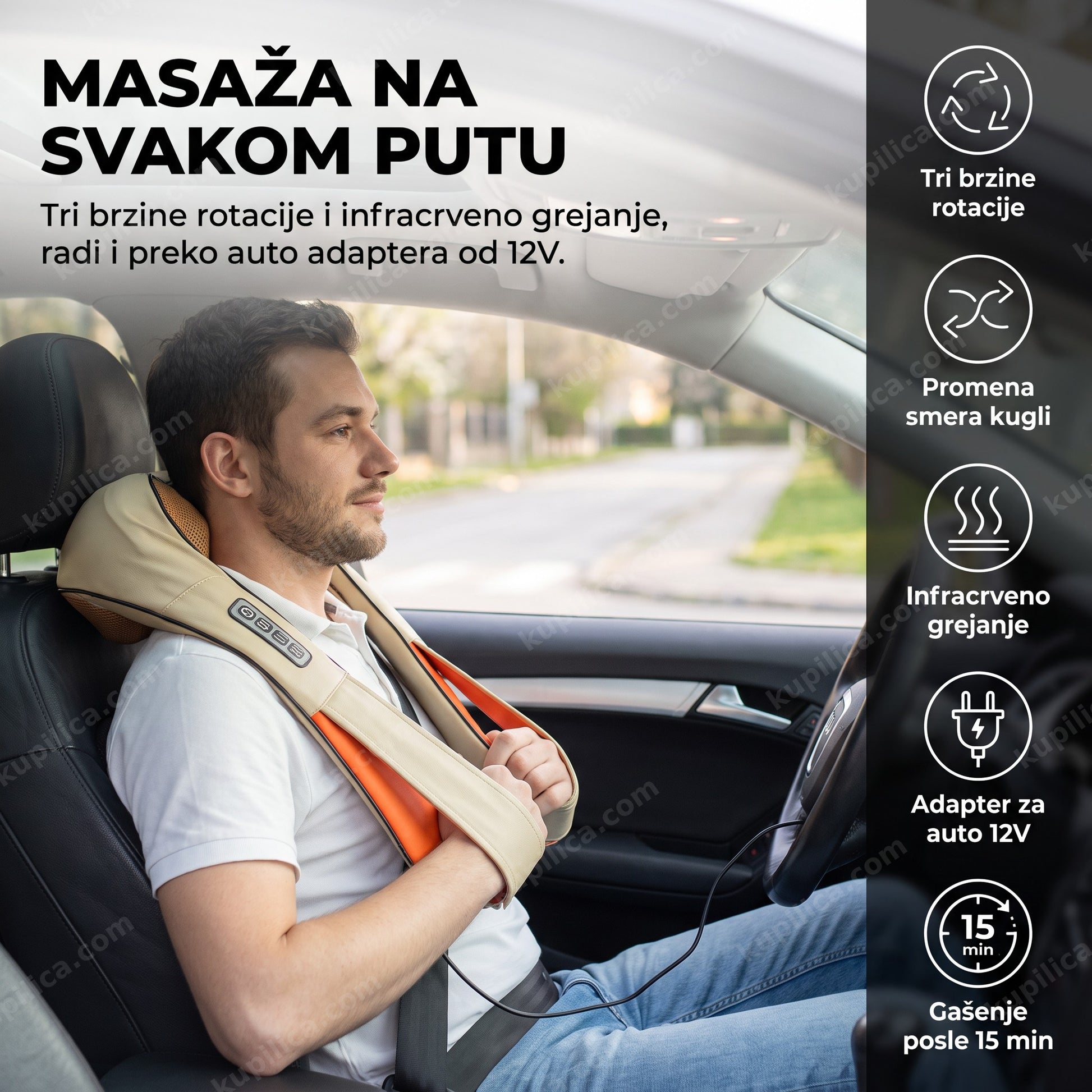šijacu masažer za celo telo — muškarac koristi masažer na vratu u parkiranom autu preko 12V adaptera