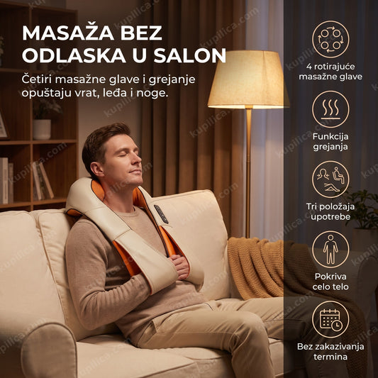 šijacu masažer za celo telo sa 4 masažne glave oko vrata i ramena osobe na kauču uveče, benefiti proizvoda