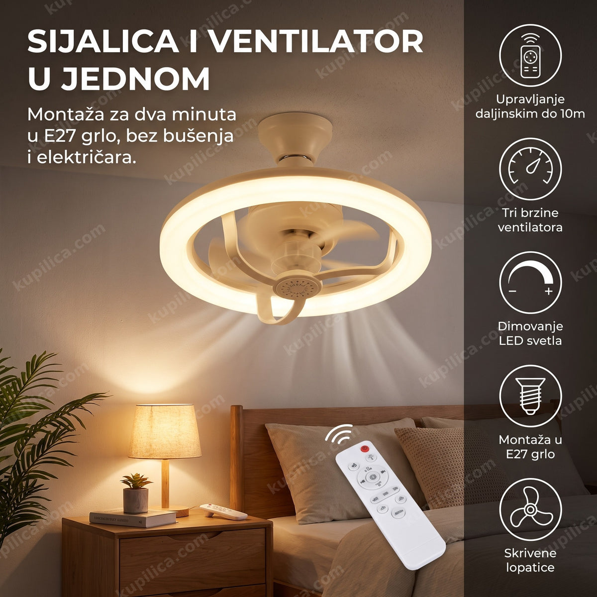 Bela sijalica ventilator sa LED svetlom i daljinskim upravljačem na plafonu – benefiti proizvoda