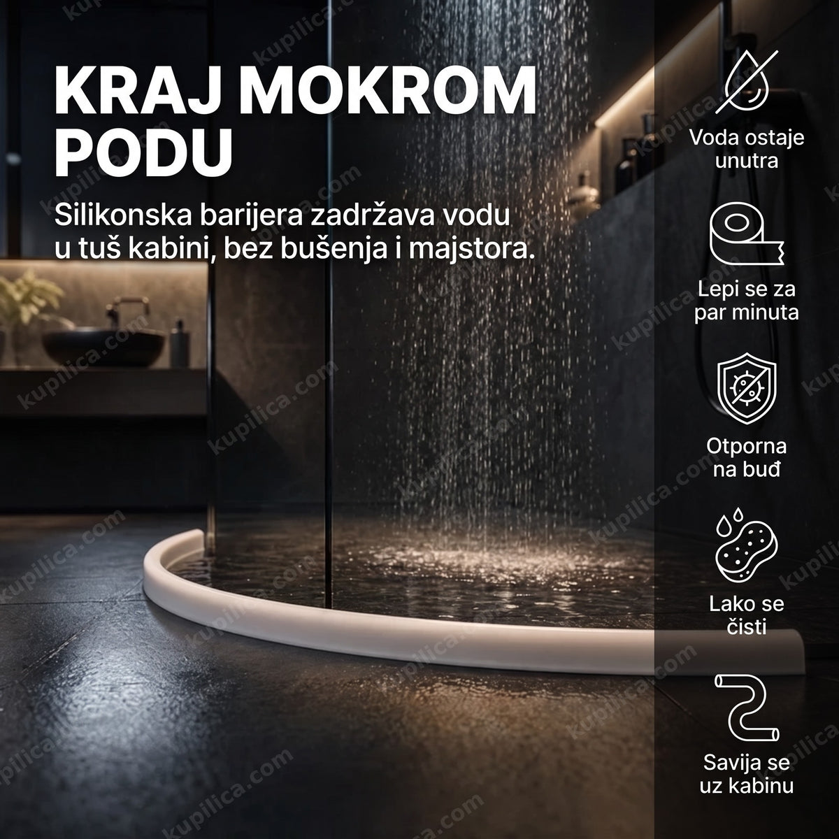 silikonska barijera za tuš kabinu na podu ispred staklene kabine