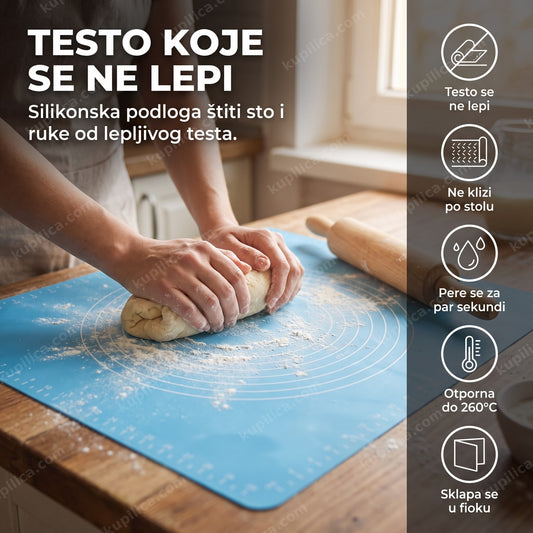 plava silikonska podloga za testo sa drvenom oklagijom u kuhinji, benefiti proizvoda