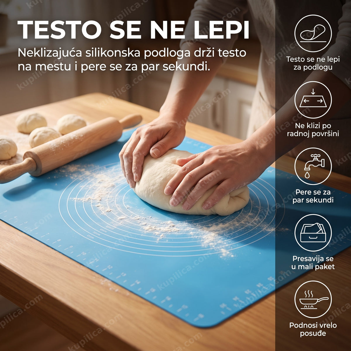 silikonska podloga za testo plave boje sa testom za hleb na kuhinjskom stolu, benefiti proizvoda