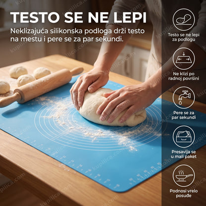 silikonska podloga za testo plave boje sa testom za hleb na kuhinjskom stolu, benefiti proizvoda