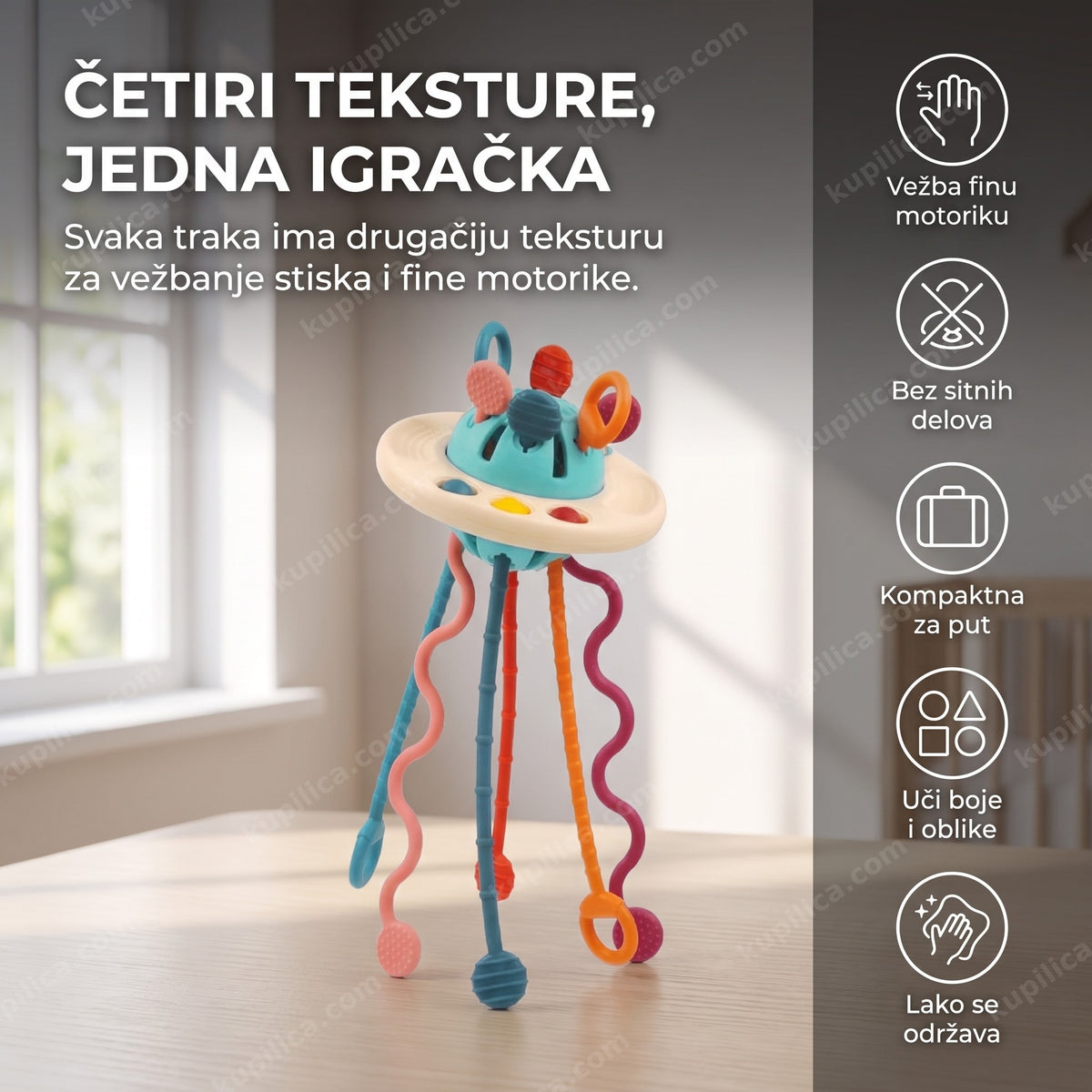 šarena silikonska senzorna igračka za bebe sa četiri trake na stolu, benefiti proizvoda