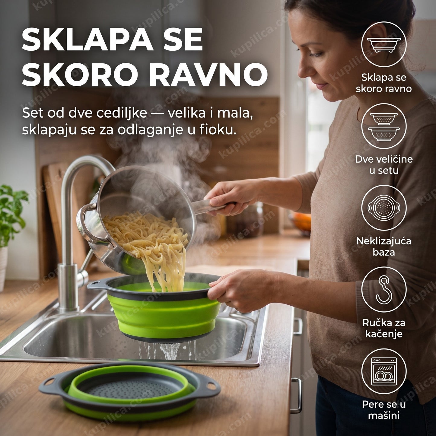 silikonska sklopiva cediljka — žena cedi testeninu u velikoj cediljki pored sklopljene male, set od dva komada