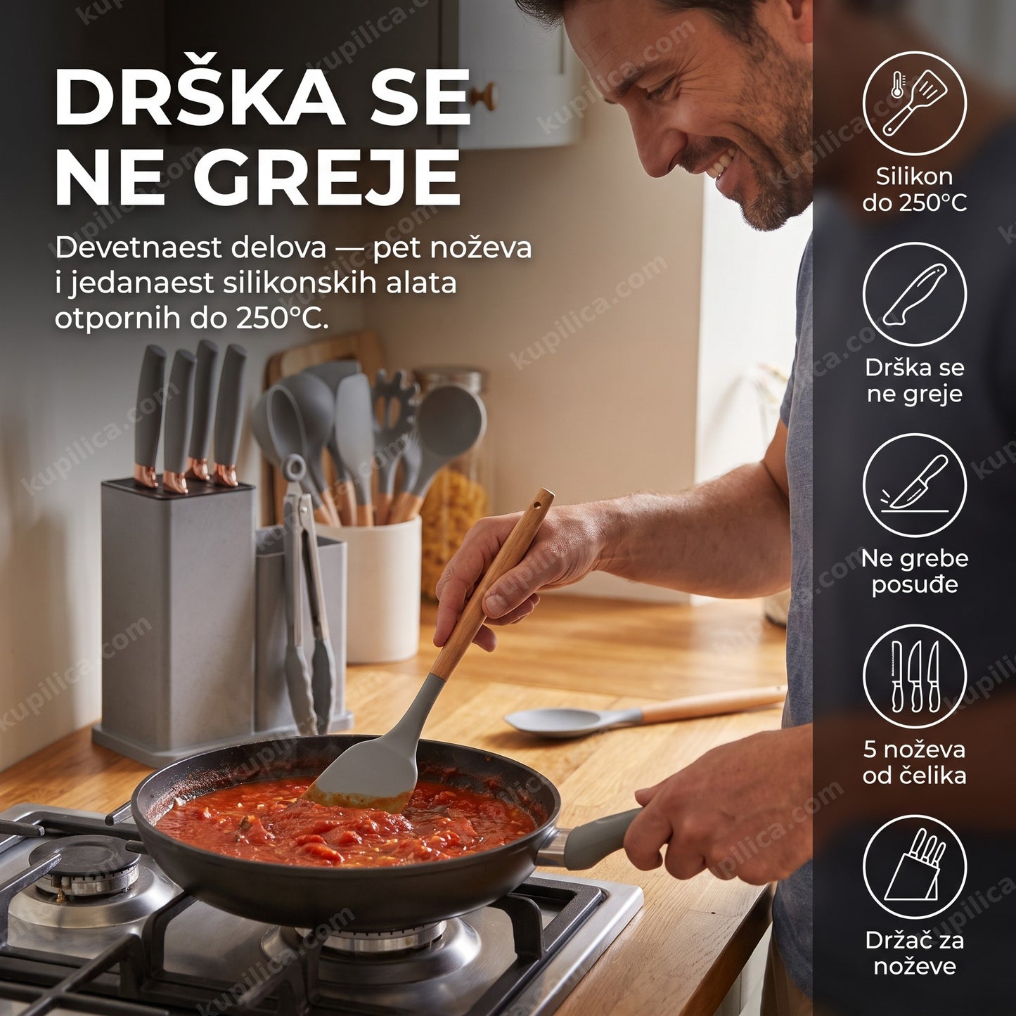 silikonski kuhinjski set sa noževima — muškarac meša sos silikonskom lopaticom, 5 noževa u držaču pored šporeta