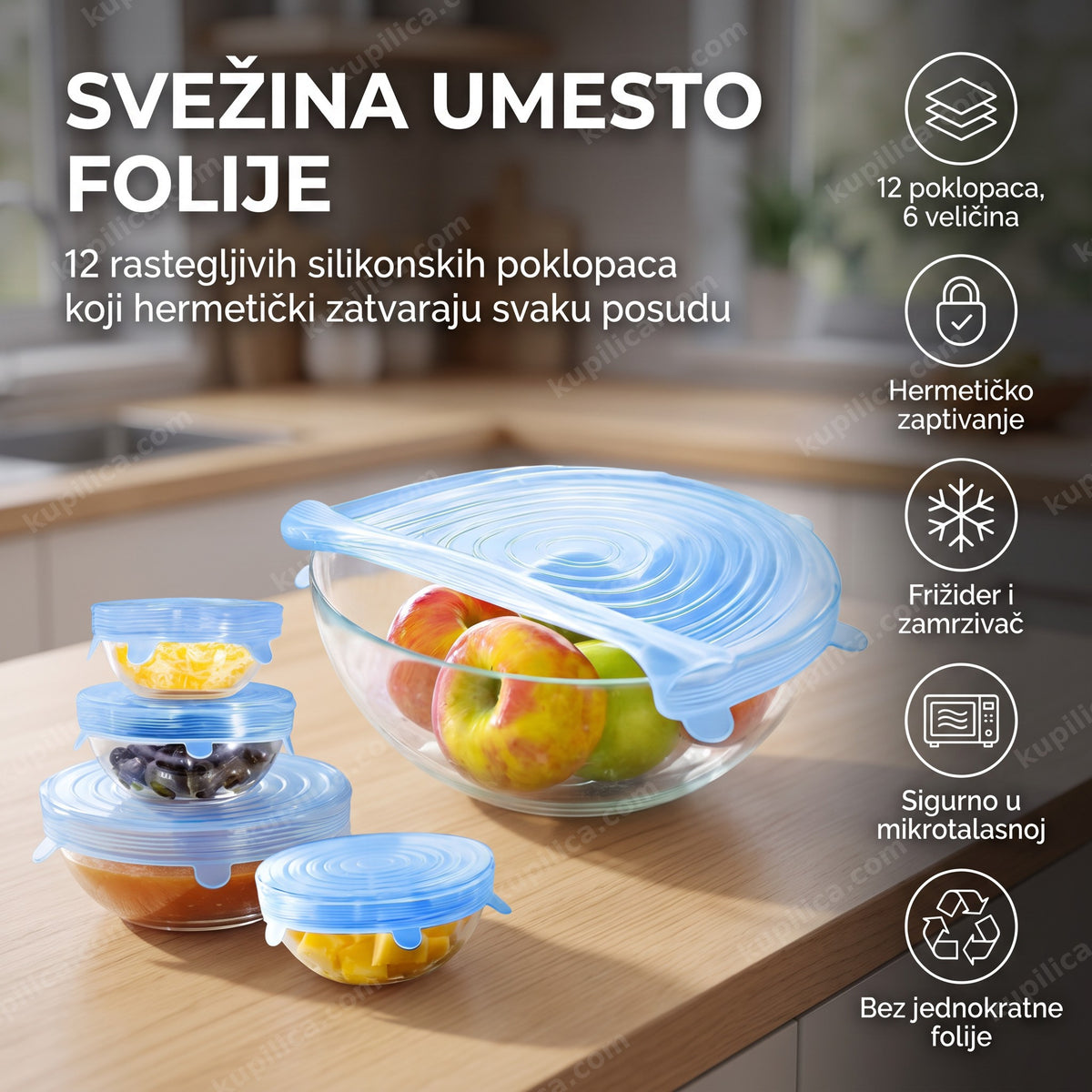 silikonski poklopci za hranu — set od 12 rastegljivih poklopaca preko staklenih posuda