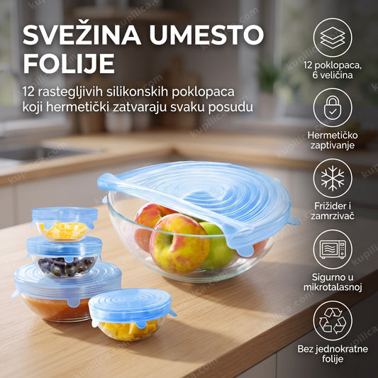 silikonski poklopci za hranu — set od 12 rastegljivih poklopaca preko staklenih posuda