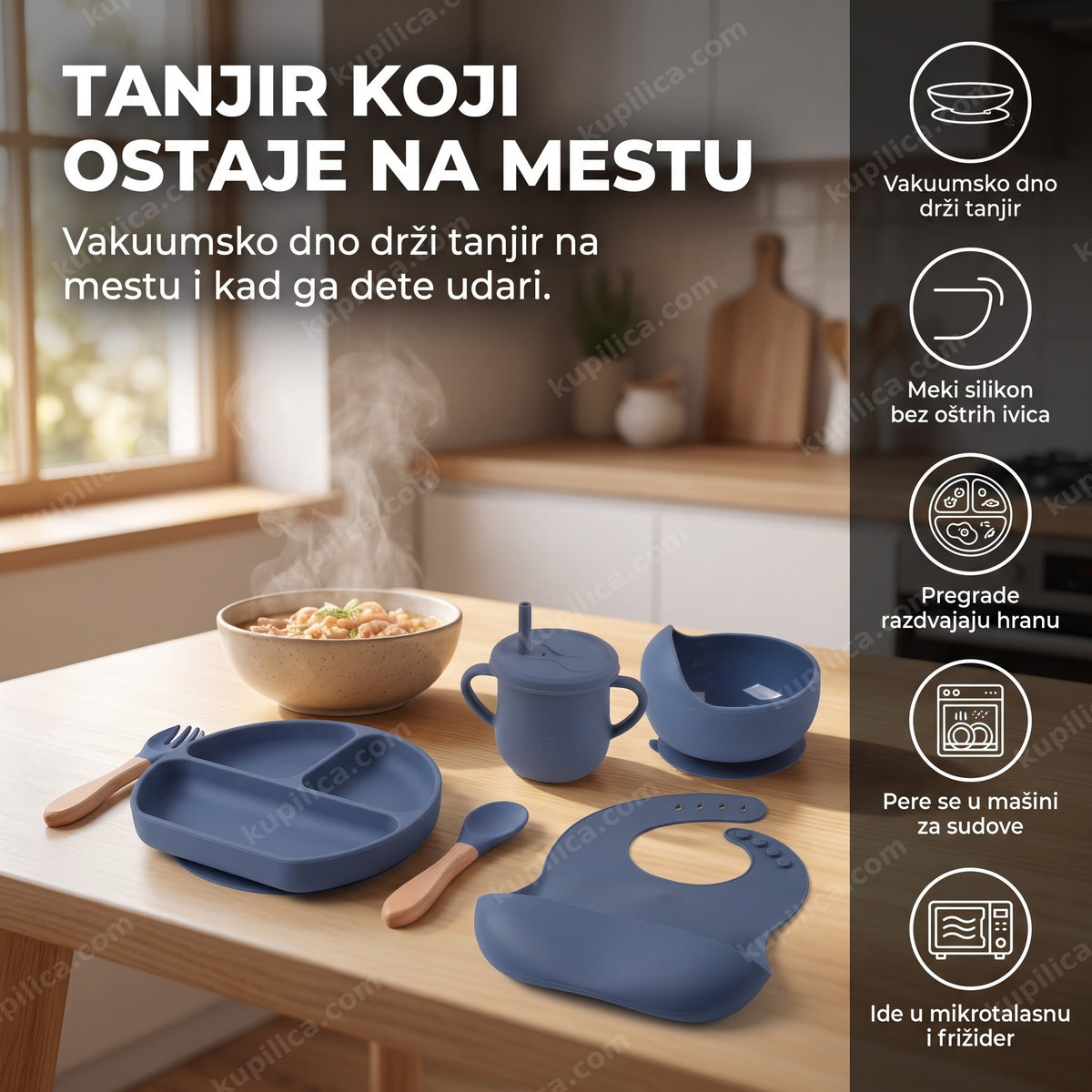 Silikonski set za hranjenje bebe složen na kuhinjskom stolu — benefiti proizvoda