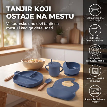 Silikonski set za hranjenje bebe složen na kuhinjskom stolu — benefiti proizvoda