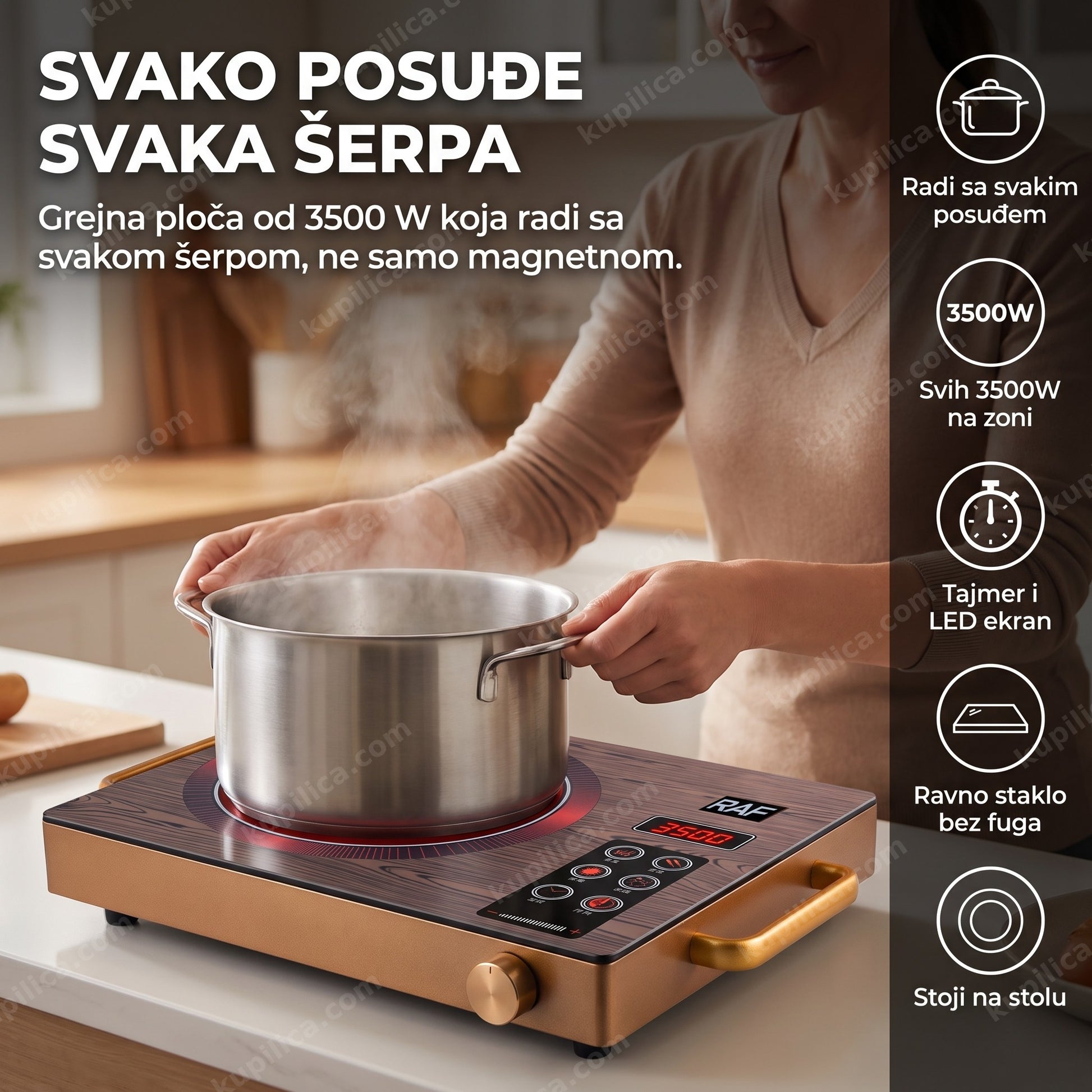 silver crest indukciona ploča — žena stavlja aluminijumski lonac na grejnu ploču od 3500W, digitalni LED ekran