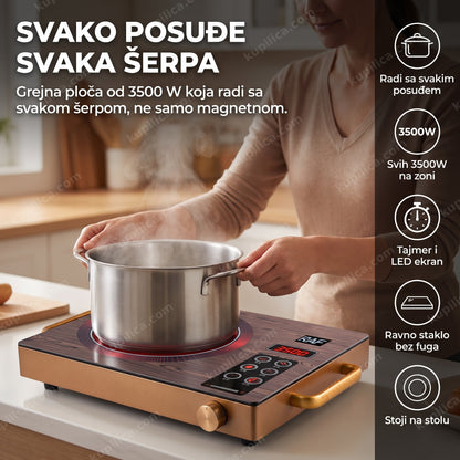 silver crest indukciona ploča — žena stavlja aluminijumski lonac na grejnu ploču od 3500W, digitalni LED ekran