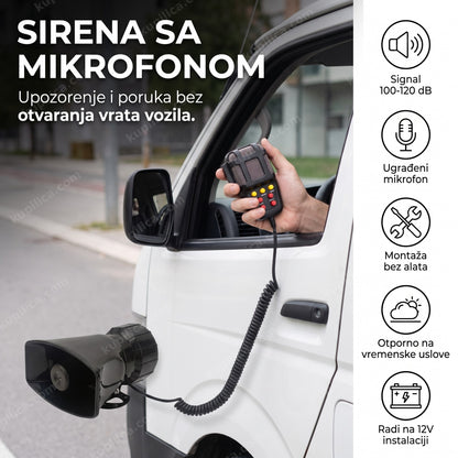 Sirena sa mikrofonom za auto postavljena u kombiju, upozorava okolinu glasno