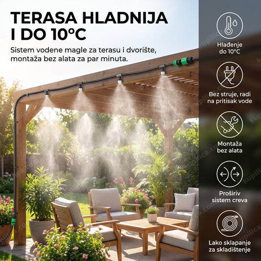 sistem vodene magle na terasi hladi vazduh finim mlazom vode, benefiti proizvoda