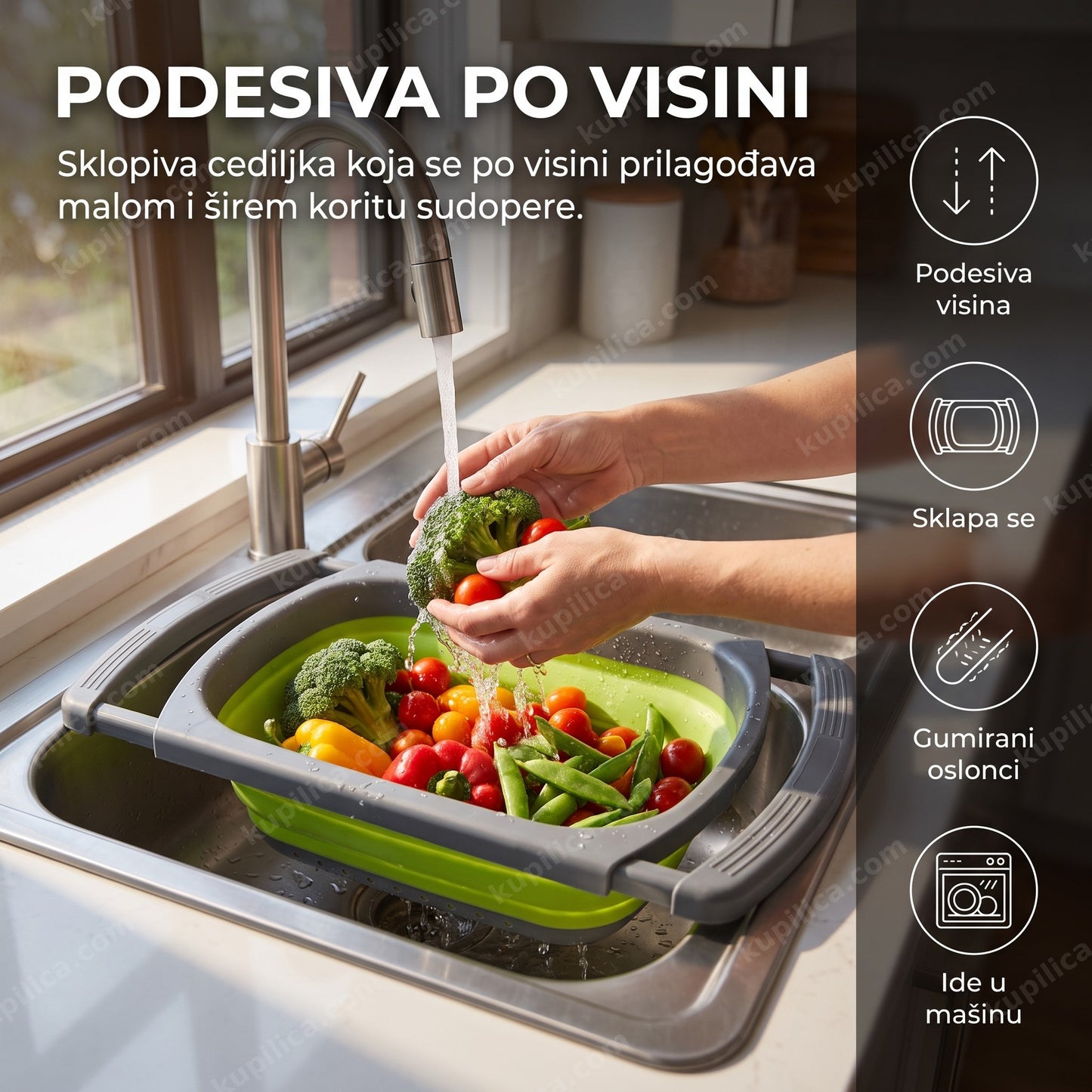 Podesiva sklopiva cediljka za sudoperu postavljena preko korita