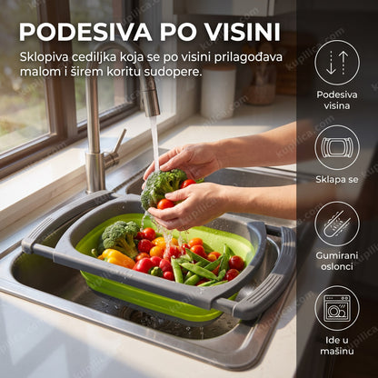 Podesiva sklopiva cediljka za sudoperu postavljena preko korita