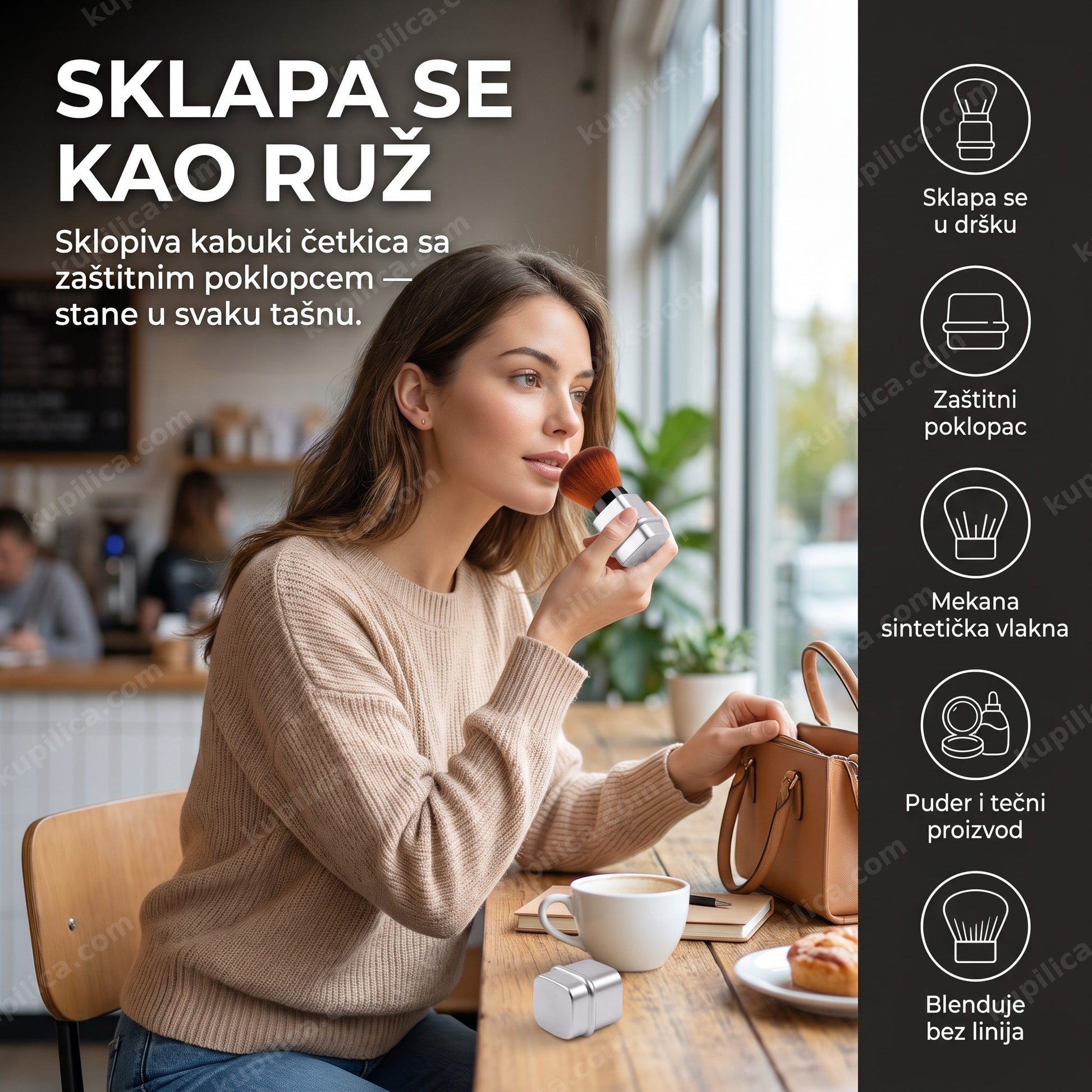 sklopiva četkica za šminku — žena doteruje šminku sklopivom kabuki četkicom pored otvorene tašne, zaštitni poklopac
