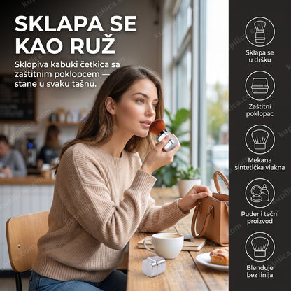 sklopiva četkica za šminku — žena doteruje šminku sklopivom kabuki četkicom pored otvorene tašne, zaštitni poklopac