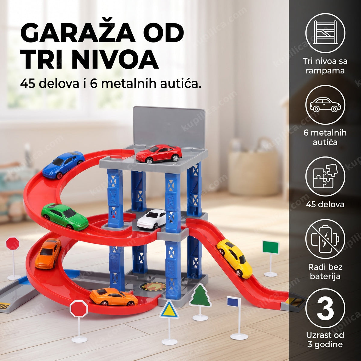 sklopiva garaža za autiće sa stazom i crvenim spiralnim rampama na podu