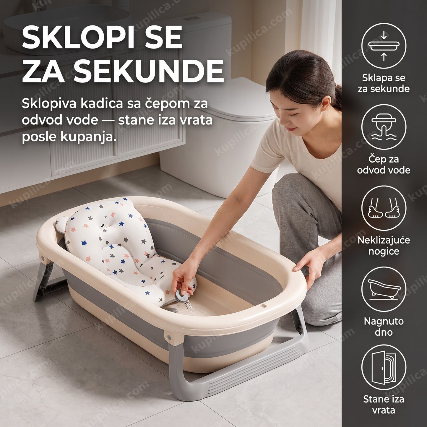 sklopiva kadica za bebe — roditelj prazni vodu kroz čep iz sklopive kadice na neklizajućim nogicama
