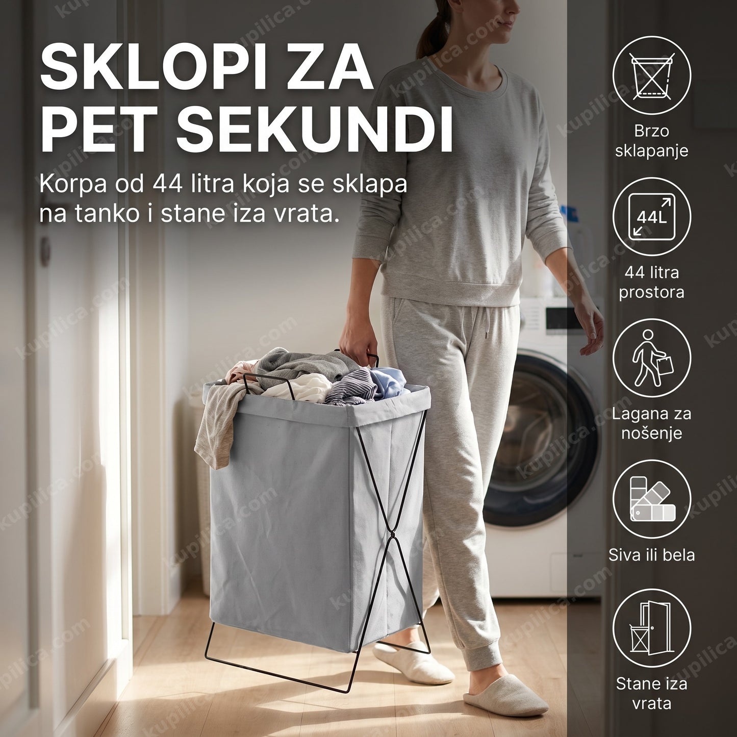 sklopiva korpa za prljav veš — žena nosi punu tekstilnu korpu jednom rukom kroz hodnik, 44 litra